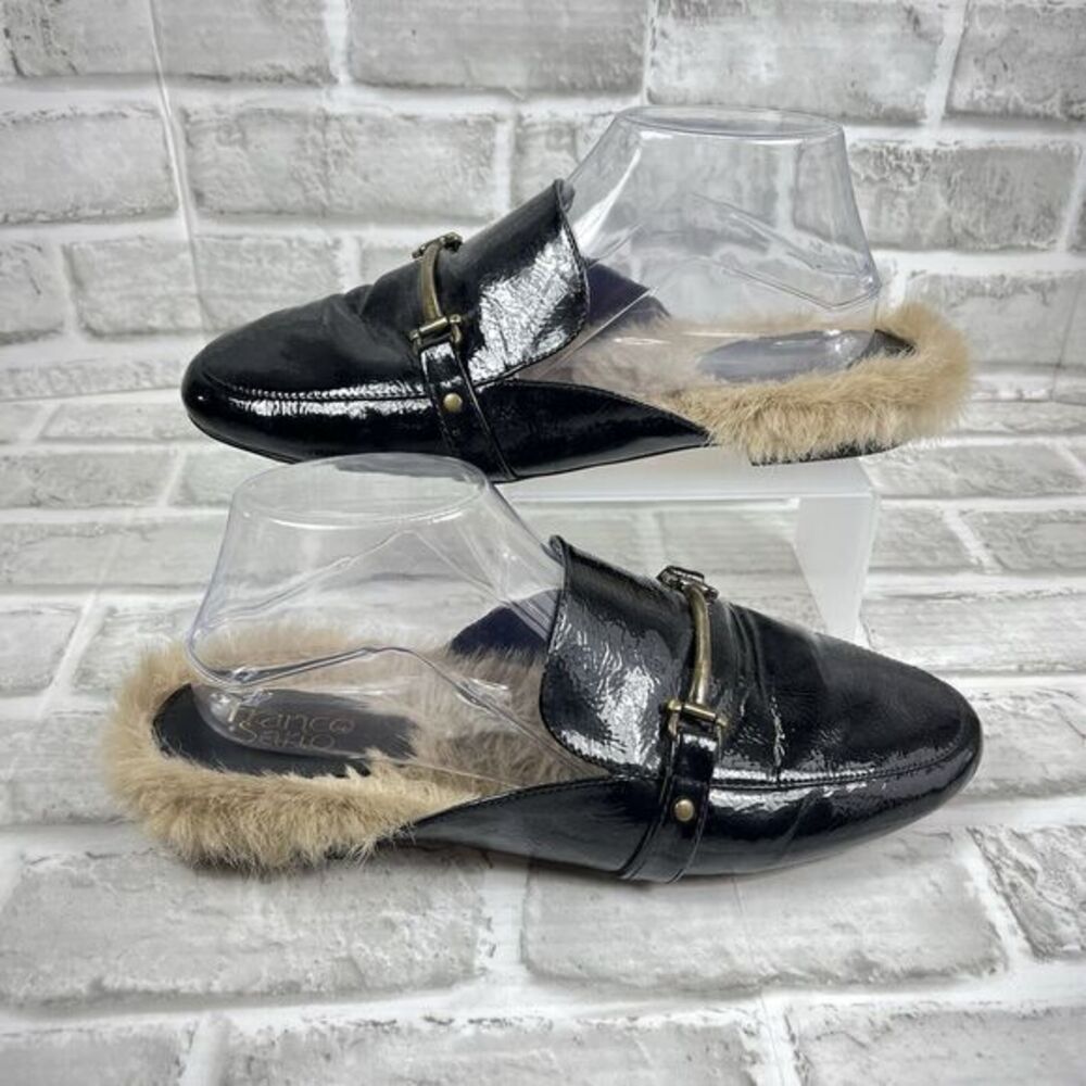 Franco Sarto L-Dalton 3 Size 9 Faux Fur Flat Slide Black Patent Leather Slides